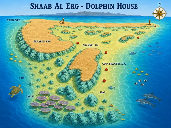 Sha'ab El Erg, Dolphin House dive map